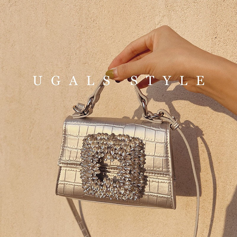 UGALS crocodile pattern French retro shiny diamond hand-set diamond flower rhinestone small square bag portable Messenger bag