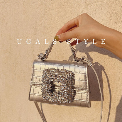 UGALS crocodile pattern French retro shiny diamond hand-set diamond flower rhinestone small square bag portable Messenger bag