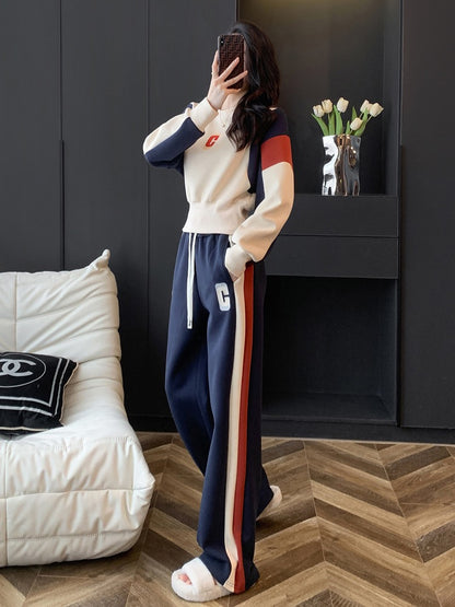 European sports and leisure suit women's autumn and winter fashion western style age reduction high-end fleece sweater wide-leg pants two-piece set