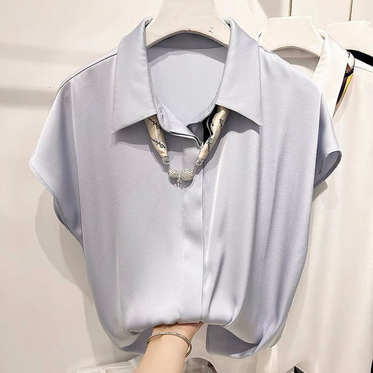 2022 new Korean temperament lapel scarf decorated with removable short-sleeved chiffon shirt women's summer thin top
