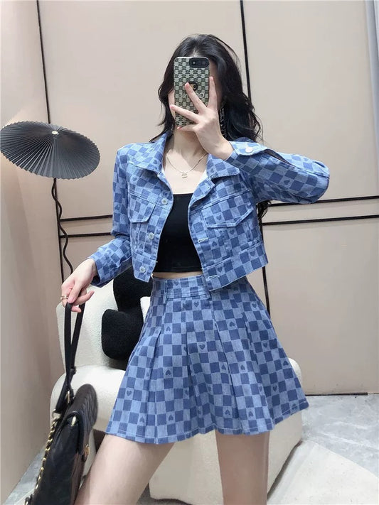 Age-reducing Love Plaid Small Denim Suit Women's Autumn Long Sleeve Short Jacket + High Waist A-Line Skirt
