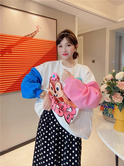 JENNIFER JXLIU Korea Dongdaemun autumn and winter cute little squirrel hit color sleeve cartoon print sweater