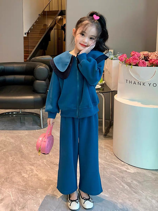 Original girls' clothing fashionable suit Western style big children's autumn clothing children's baby doll collar zipper shirt jacket pants