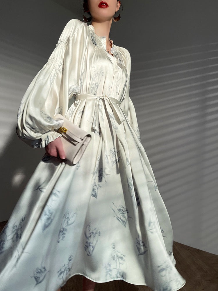 Aconiconi｜Nagamachi raving French style fixed dyeing printed imitation silk dress loose niche design long skirt