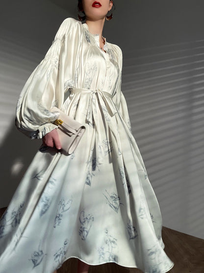 Aconiconi｜Nagamachi raving French style fixed dyeing printed imitation silk dress loose niche design long skirt