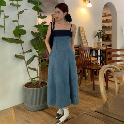 High-end temperament contrast color waist denim suspender dress women's summer new niche chic mid-length skirt