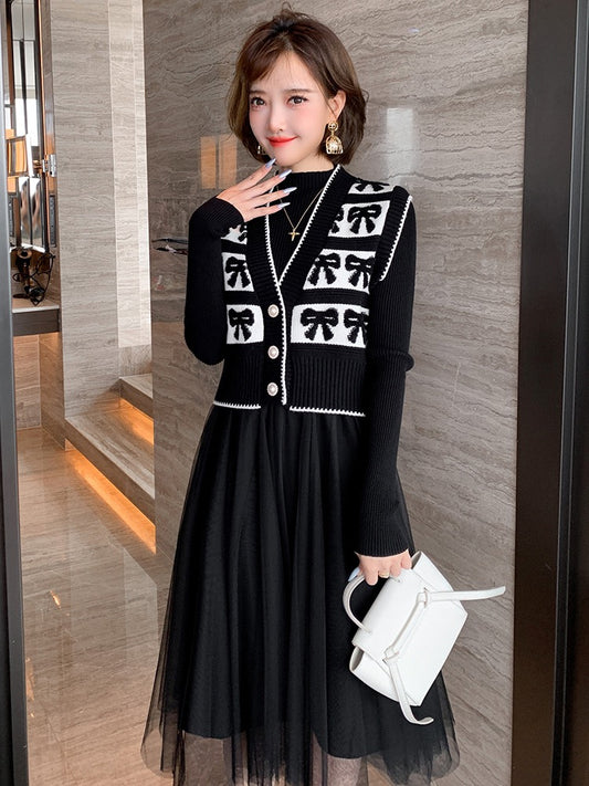 MIUCO love autumn and winter layered vest + half-high collar knitted splicing mesh dress two-piece autumn and winter