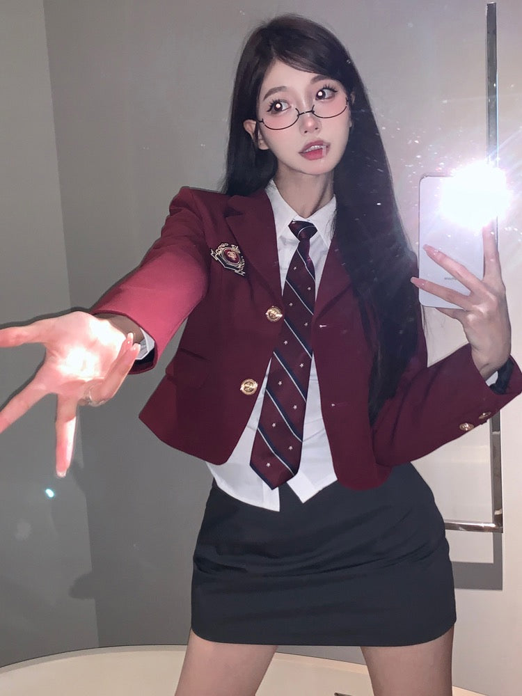 Wine red suit short jacket women's early spring new small suit college style high-end hot girl temperament long-sleeved top