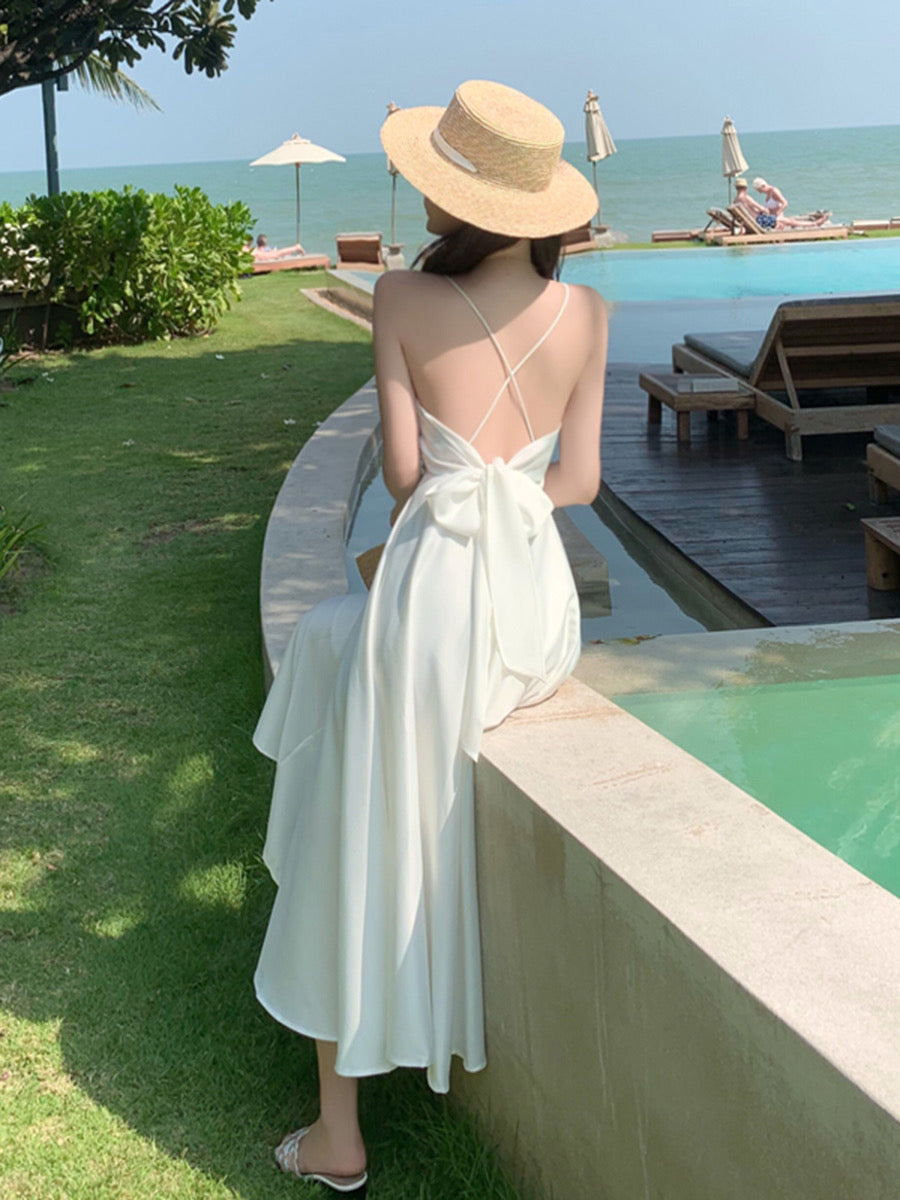French retro satin sexy super fairy white sling dress seaside holiday style backless beach long skirt female summer