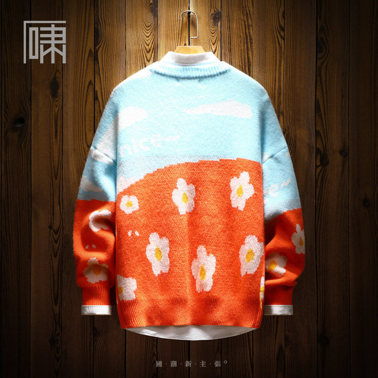 Autumn trendy brand Guochao Hong Kong style sheep patch sweater Men's Japanese style lazy style couple wear knitted sweater