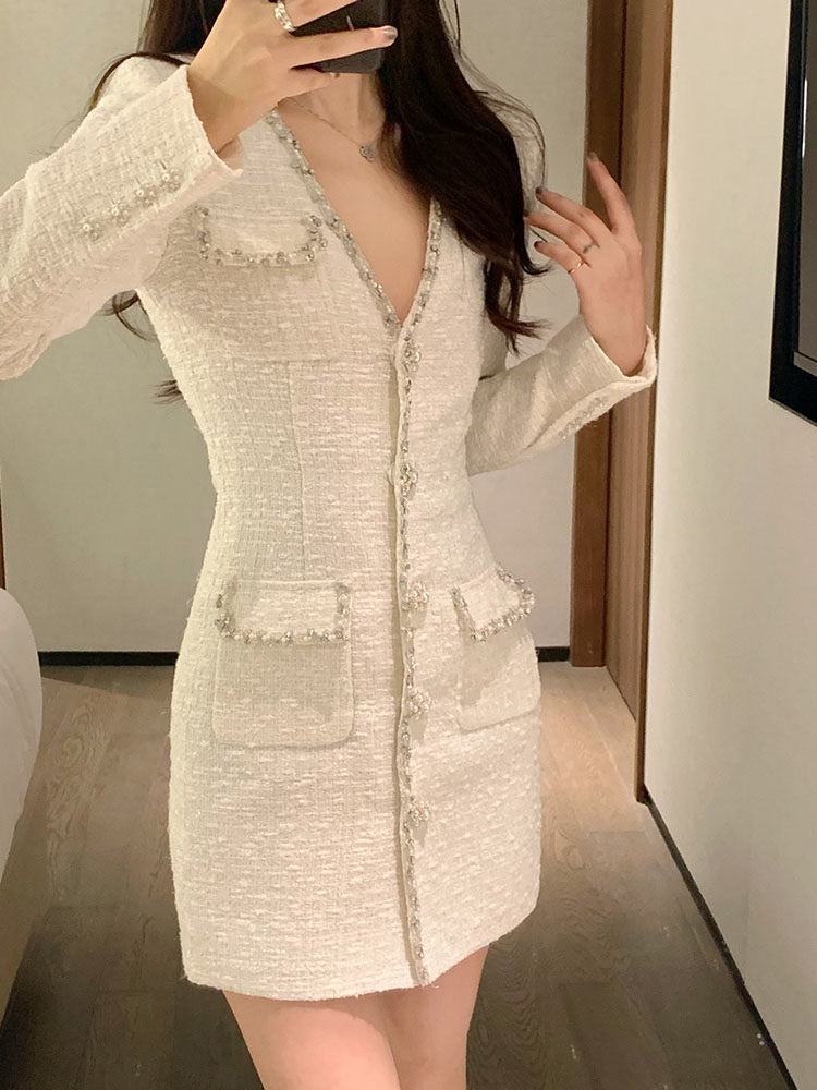 Small fragrance style high-end sense waist waist temperament celebrity autumn and winter with coat skirt v-neck thick floral bottoming dress female