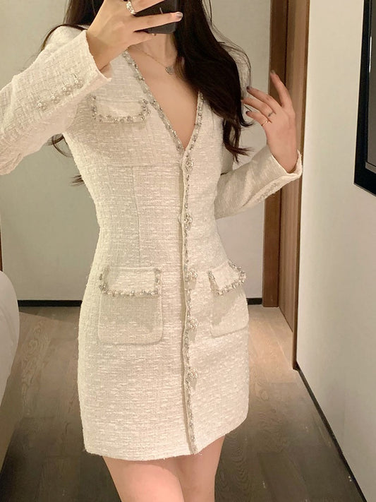 Small fragrance style high-end sense waist waist temperament celebrity autumn and winter with coat skirt v-neck thick floral bottoming dress female