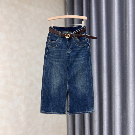 Dark denim skirt women's mid-length autumn new slim fit and thin front slit high waist a-line bag hip skirt