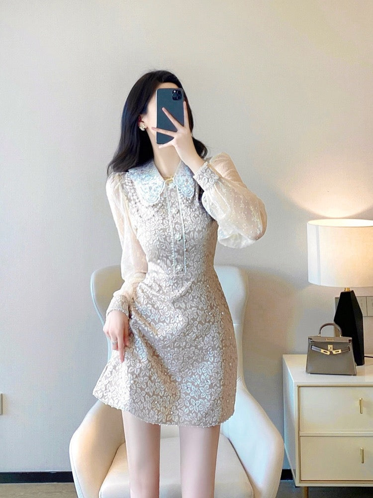 Heavy industry lace dress high-end sense 2023 spring new women's clothing temperament lady French jacquard court style skirt 2015u