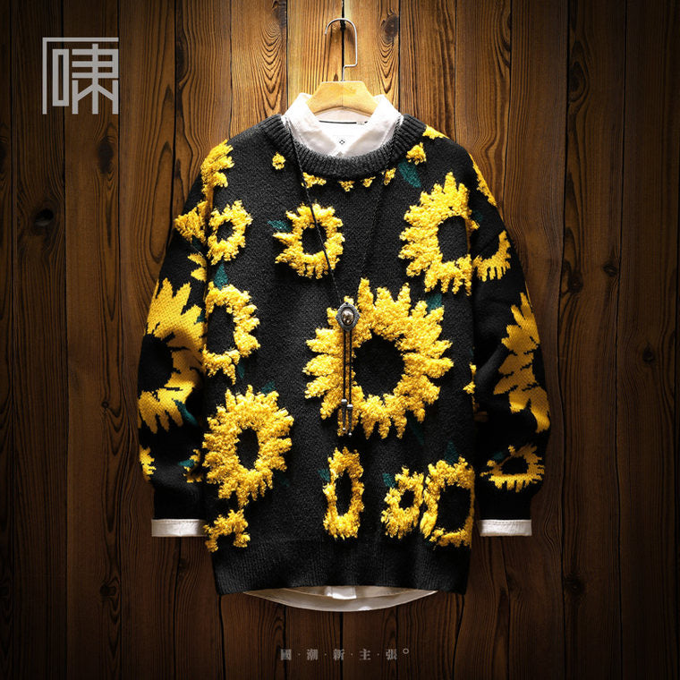 niche sunflower sweater men's Japanese retro vintage lazy