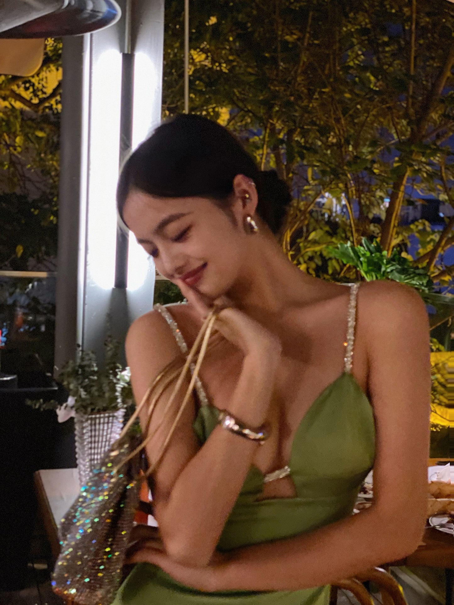 Green sparkling tube top skirt hollow sexy French birthday dress skirt female suspender dress usually wearable