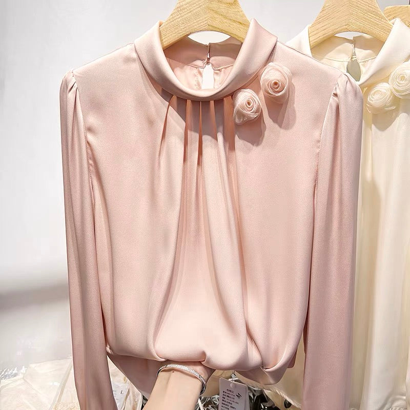 2022 new French temperament thin stand-up collar flower solid color pullover long-sleeved chiffon shirt women's autumn thin shirt