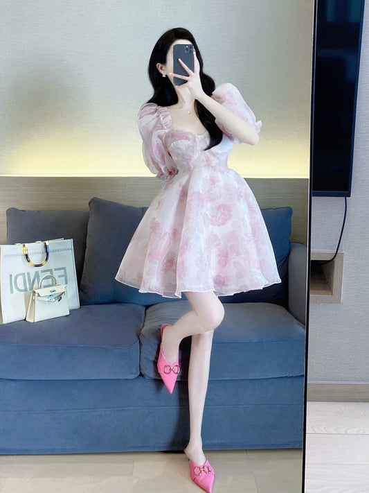 Pink floral dress women's summer 2022 new high-end French temperament celebrity sweet a-line princess dress 2032