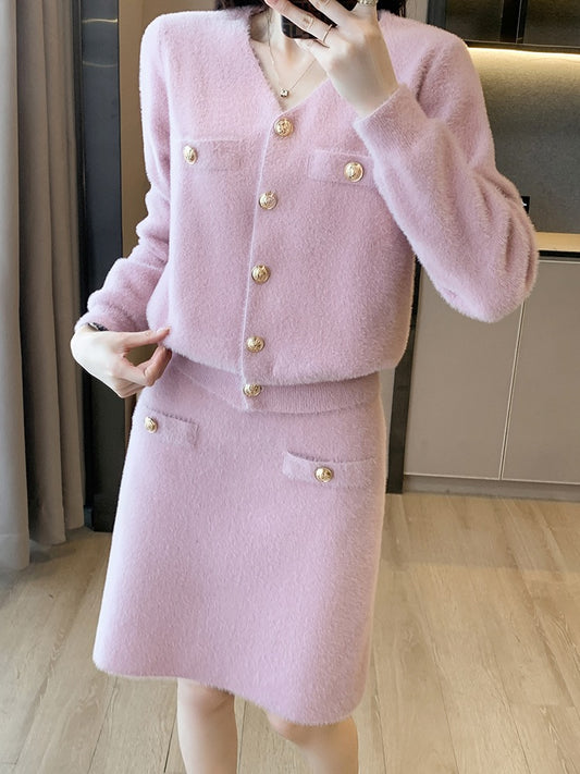 RMOJUL celebrity Xiaoxiang style imitation mink fur V-neck knitted cardigan jacket + A-line skirt fashion suit Luojia