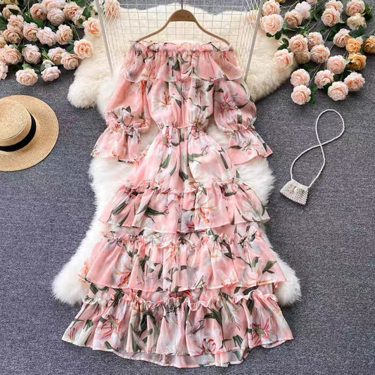 Fairy Dress French Chic Floral Puff Sleeve Skirt Women's Spring and Summer New Mori ruffled First Love Skirt