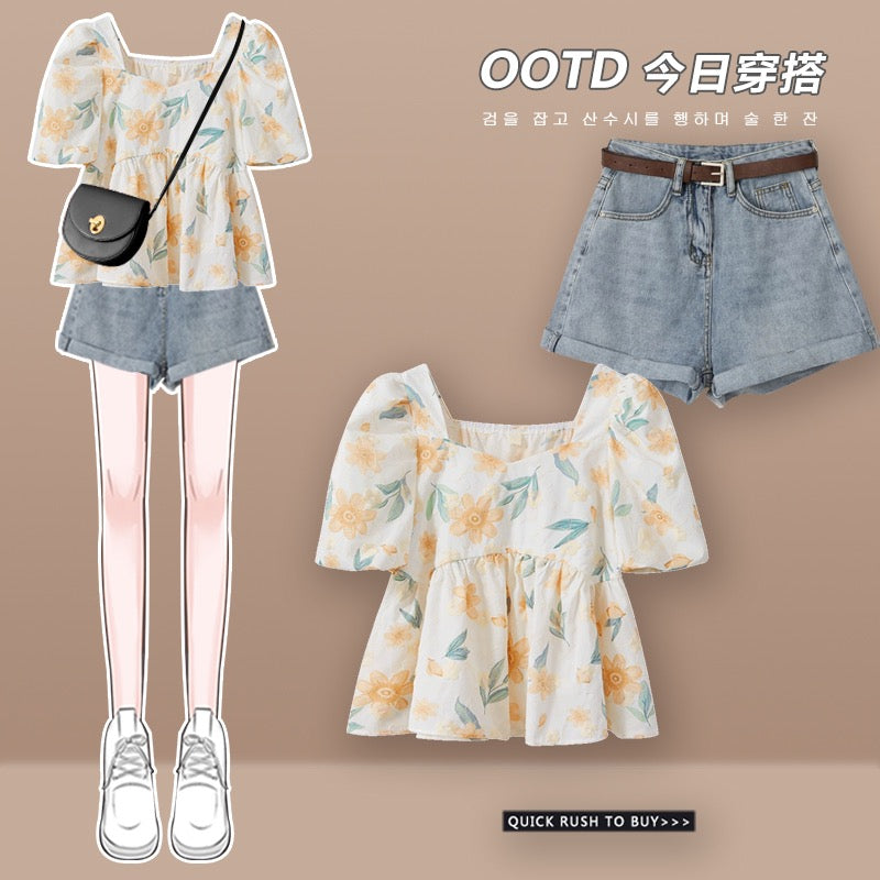 Xiaoxiangfeng Denim Shorts Suit Summer Women 2023 New Salt and Sweet Floral Shirt High-end Two-piece Set