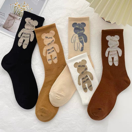Bear alphabet socks women's spring and autumn models in the tube socks ins tide pure cotton high tube socks cute cartoon black and white stockings