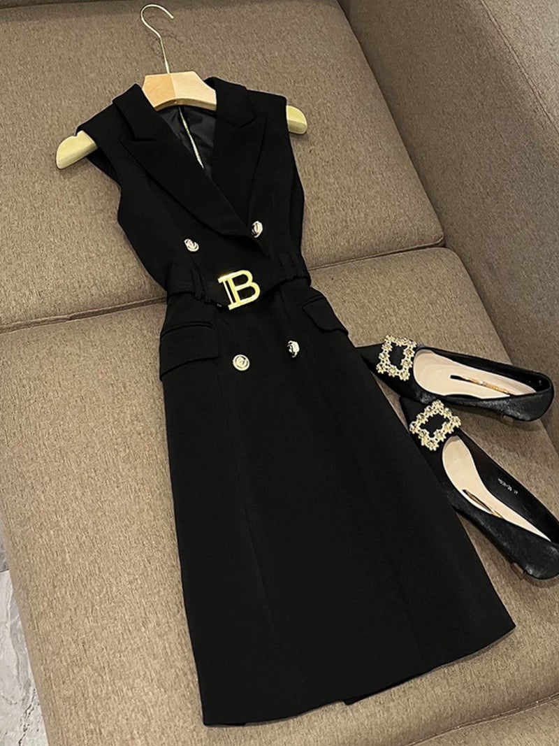 European and American style white spring and spring sleeveless vest suit jacket dress waist slim midi skirt hot sale 6236