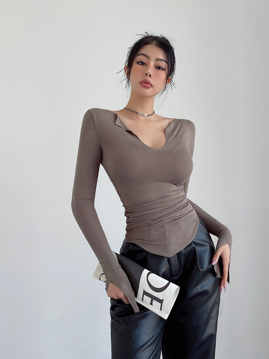 liviahome sexy waist big V-neck long-sleeved T-shirt bottoming shirt female pure desire hot girl tight-fitting small top