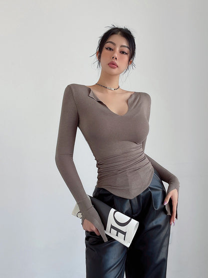 liviahome sexy waist big V-neck long-sleeved T-shirt bottoming shirt female pure desire hot girl tight-fitting small top