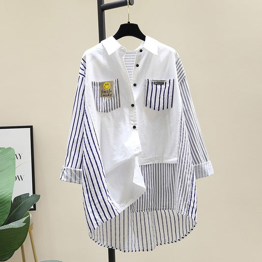 Stitching striped white shirt women 2023 spring new Korean version loose mid-length shirt casual top coat