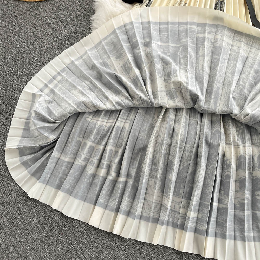 Hepburn style French early autumn fashion dress female waist slimming ink painting print stitching knitted pleated long skirt