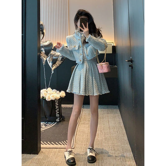 High-end sense of small fragrance suit women's 2023 spring new style small celebrity temperament pleated skirt two-piece set
