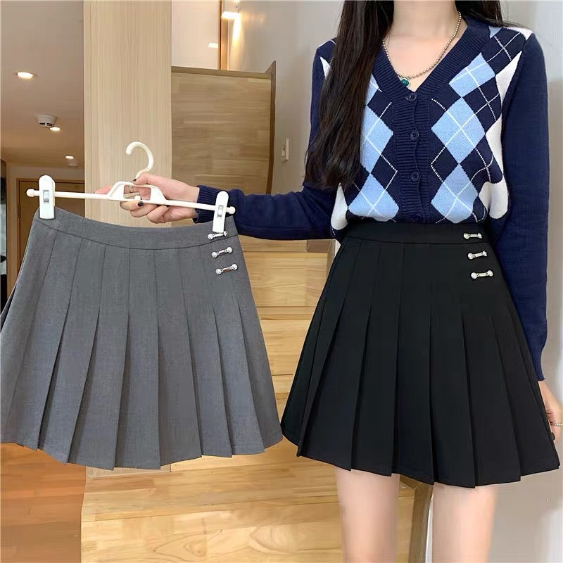 Autumn skirt large size college style black gray pleated skirt high waist slim pleated a-line skirt fat mm all-match skirt