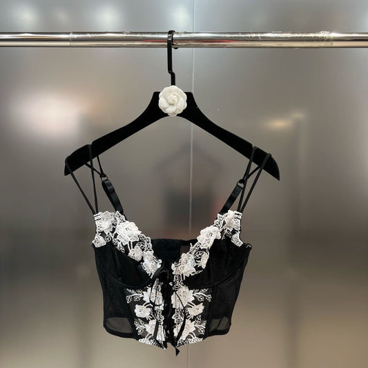 Grapefruit MM2022 black and white contrasting color embroidery hook flower straps to narrow the waist and make you look thin and see through European and American hot girl style vest