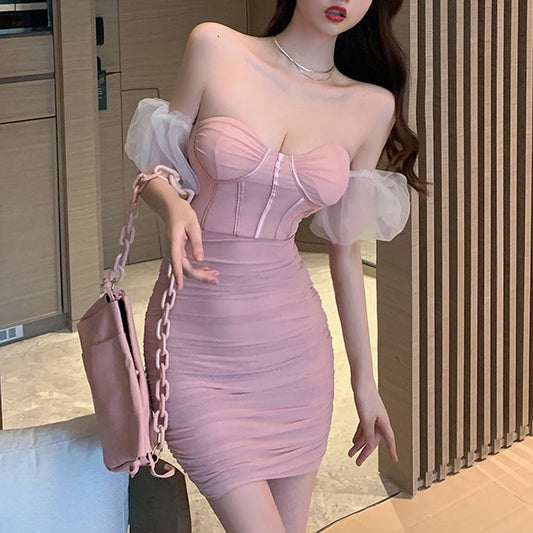 Gegejia summer net red sexy goddess tube top waist pleats showing chest hot girl bag hip mesh dress female