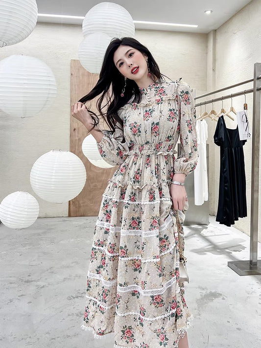 European Station French Print Dress Spring 2022 New Retro Heavy Industry Hollow Long Sleeve Skirt Women's Trend 1420