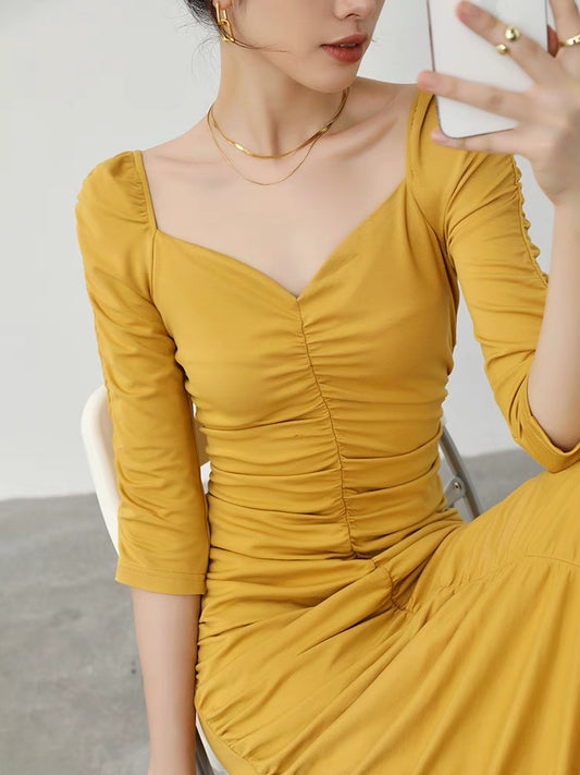 WANGXO black pleated square neck dress female summer 2022 new mid-sleeve temperament waist bag hip mid-length skirt