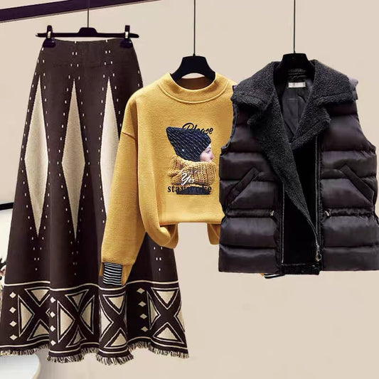 Winter Winter Skirt Skirt Sweater Vest Suit 2021 Fall New Women's Three-piece Western Style Winter Dress 1810