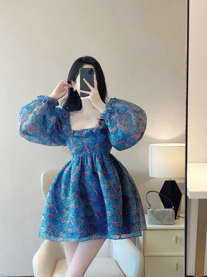 The fugitive princess's tutu skirt 2023 spring new style waist slimming French sweet gauze floral dress female