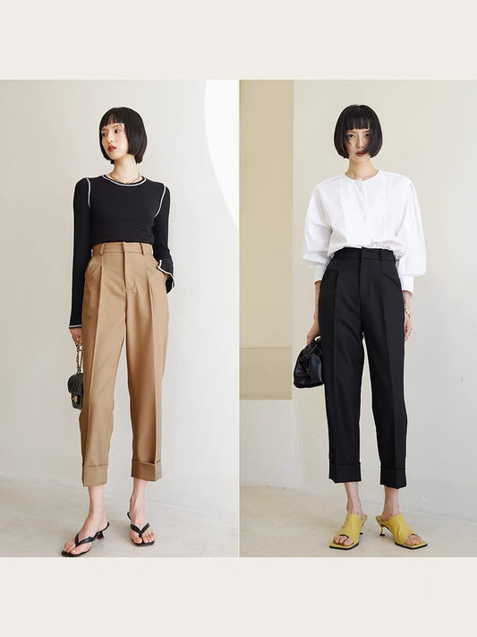 GUS advanced custom style pull-up trousers nine-point pleated trousers women's high waist loose drape all-match straight casual pants