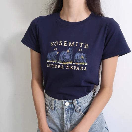 American retro cute girl thin and delicate bear letter embroidery loose round neck short sleeve T-shirt women's top