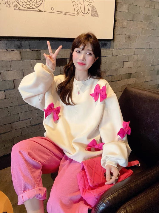 JENNIFER JXLIU Korean winter girly cute rose red bow cream white round neck loose sweater