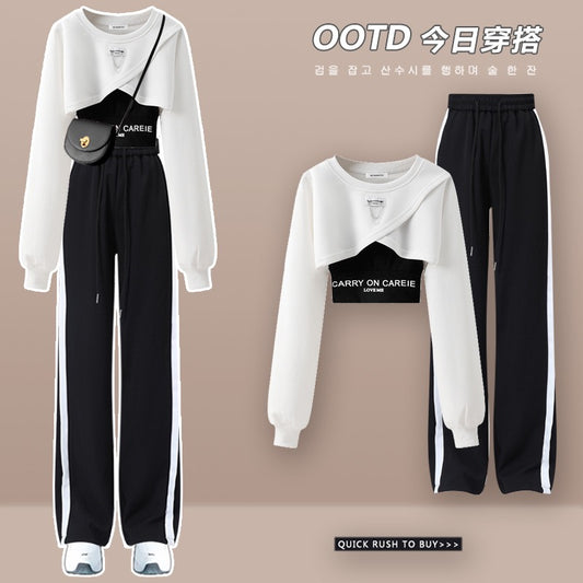 2023 High-end Sister Royal Fried Street Top Two-piece Set Three Spring Women's College Style Salt Light Cooked Wide-leg Pants Set