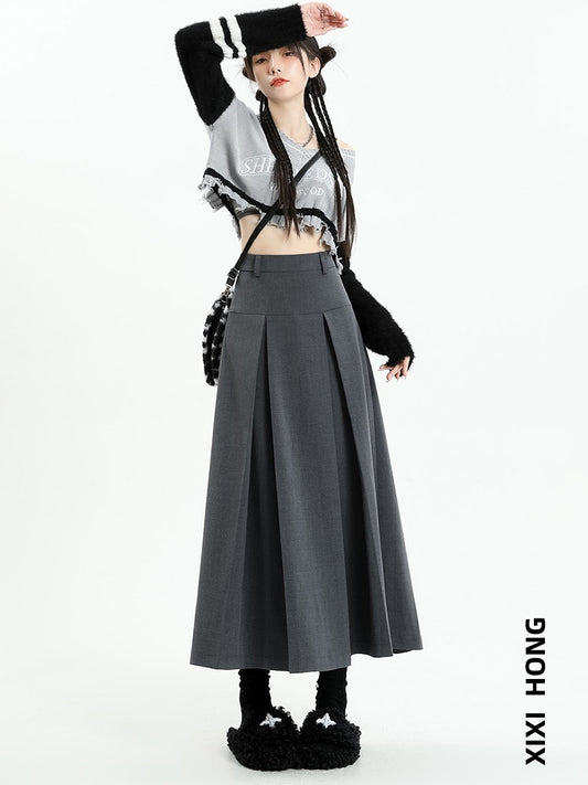 Gray high waist pleated skirt female 2023 early spring new design college style long skirt umbrella skirt A-line skirt
