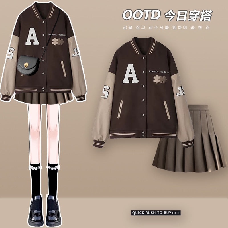 Korean college style autumn style small dress baseball uniform outer suit 2023 salt style wear a small short skirt two-piece set