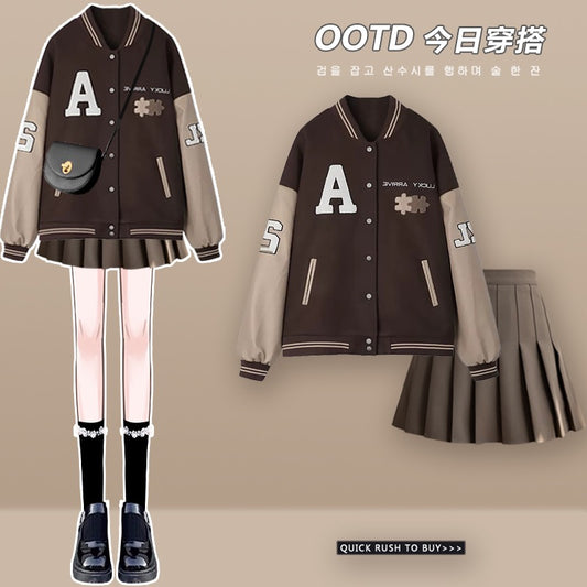 Korean college style autumn style small dress baseball uniform outer suit 2023 salt style wear a small short skirt two-piece set