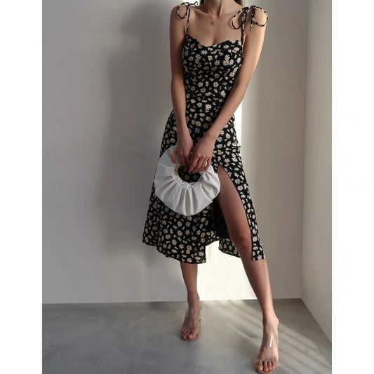 European and American sexy slim fit slit dress retro navy blue daisy over-the-knee mid-length dress suspender dress
