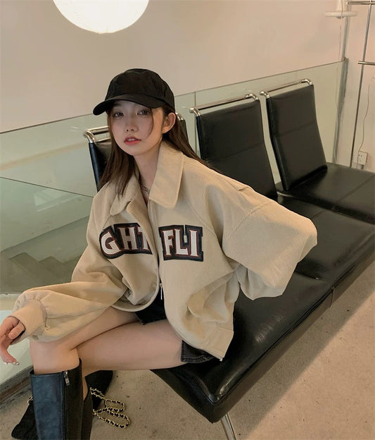 Corduroy long-sleeved work jacket women's autumn new ins tide green loose American retro casual baseball uniform