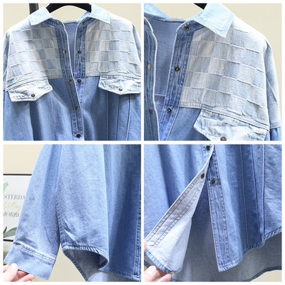 Color-block denim shirt women's 2023 spring new Korean version of the mid-length casual loose long-sleeved outerwear shirt jacket