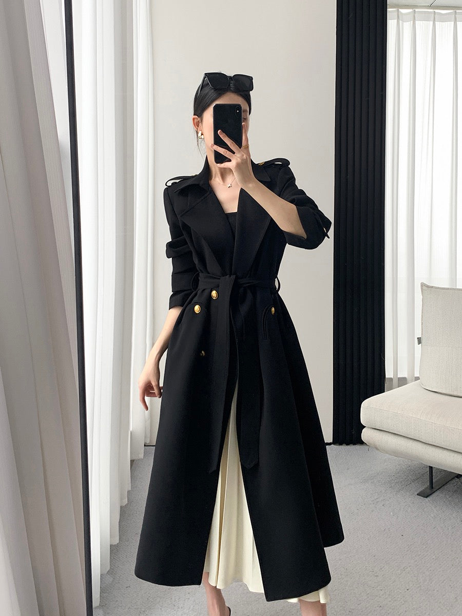 FT GUOGE black windbreaker women's 2023 spring new high-end temperament Hepburn style mid-length coat jacket